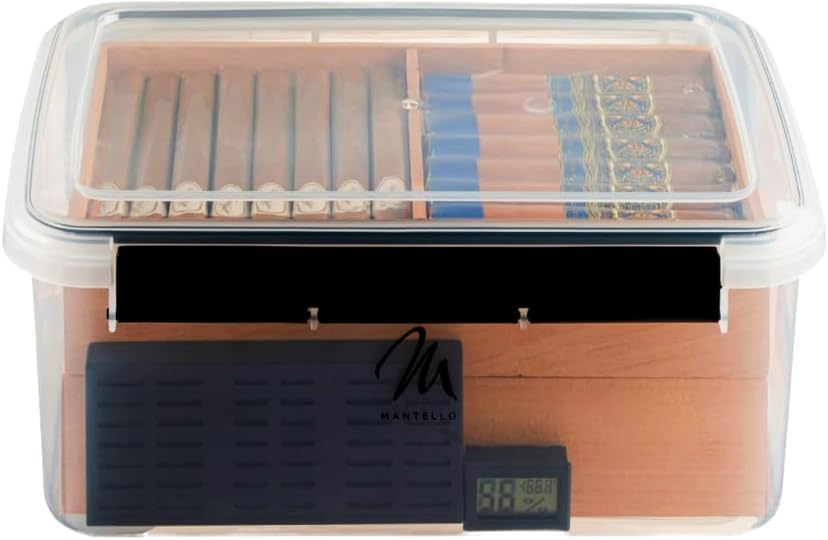 Mantello Cigar Tupperdor- Plastic Humidor, Cigar Humidors, Container with 2 Spanish Cedar Trays, Includes Digital Hygrometer and Humidifier, Airtight Cigars Container