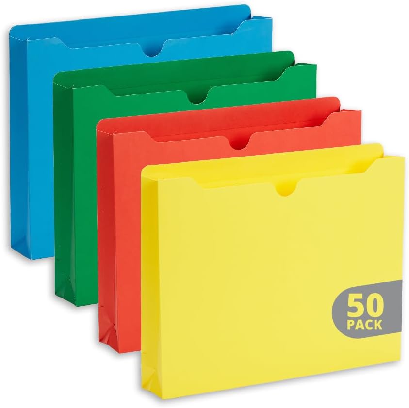 Blue Summit Supplies 2 Inch Expanding File Jacket Folders, 50 Pack, Colored Expandable File Folders, Reinforced Straight Cut Tab, Heavy Duty Expansion Pocket Files, Letter Size, Assorted Color
