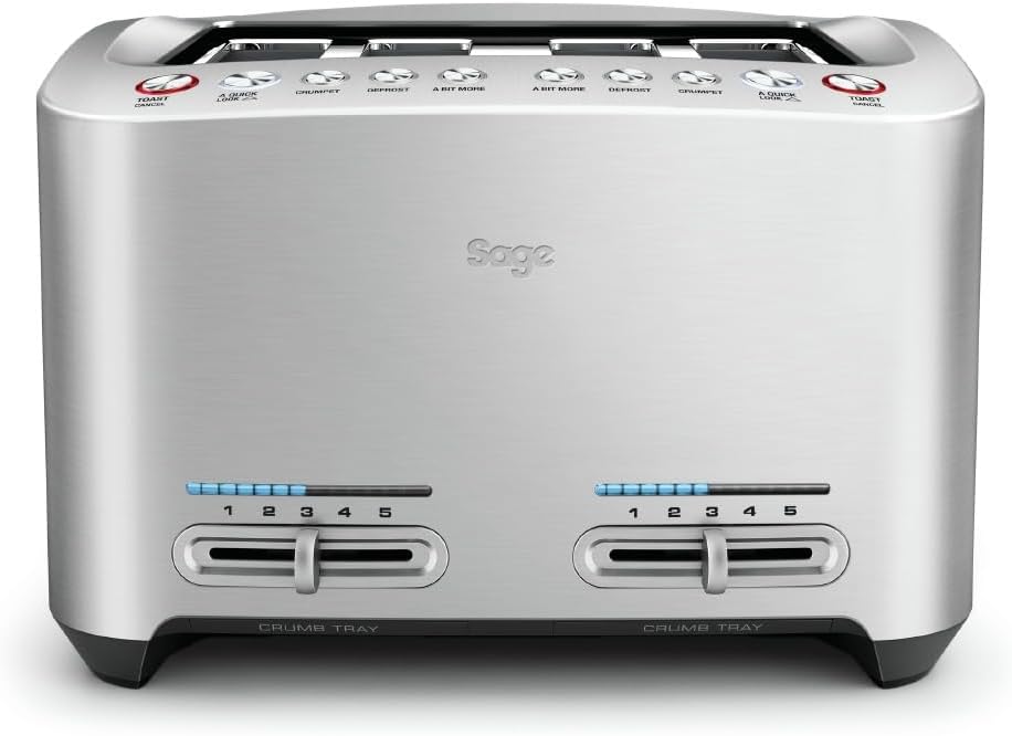 Sage Smart Toast 4-Slice Toaster, Wide Slots, Brushed Aluminium | Wide Slot Toaster, A Bit More and A Quick Look Functions, 1-Touch Lowering, Variable Browning, LED Progress