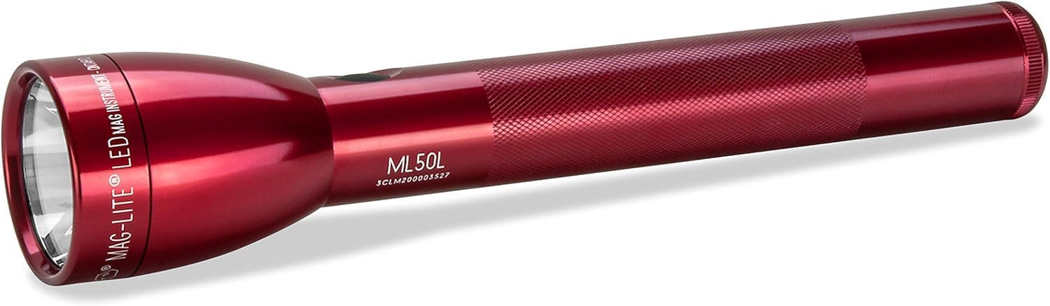MagLite ML50L 3-Cell C LED Flashlight, Adjustable Beam, High & Low Modes, Water-Resistant - Red