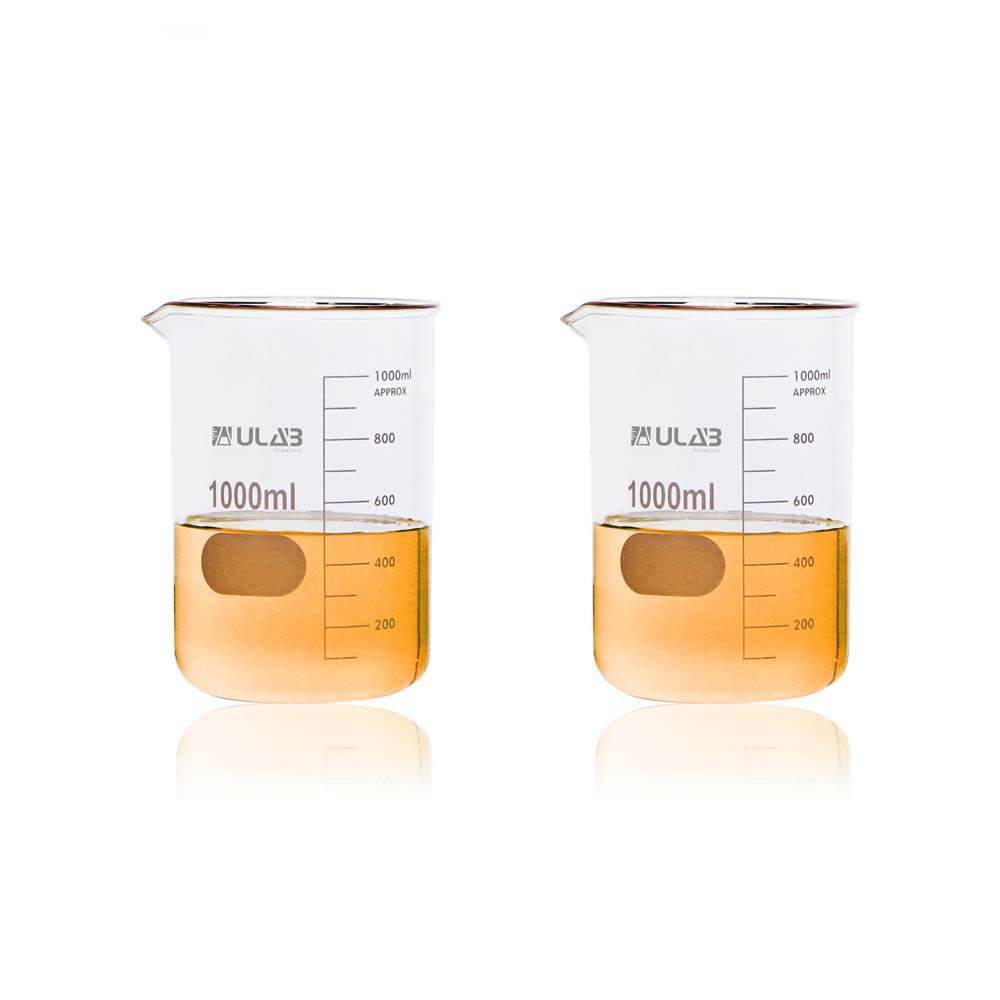 ULAB Scientific Glass Beaker Set, Vol. 1000ml, 3.3 Borosilicate Griffin Low Form with Printed Graduation, Pack of 2, UBG1017