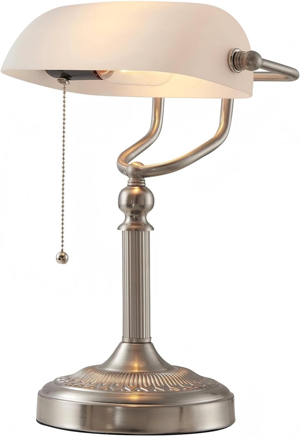 White Matted Glass Bankers Desk Lamp,Sand Nickel Base | Pull Chain Switch Plug in Fixture