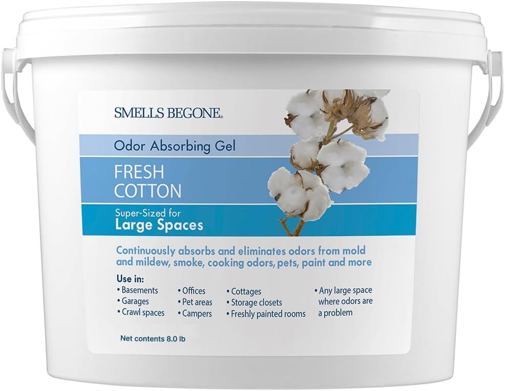 SMELLS BEGONE 1-Gallon Gel Odor Eliminator – High-Capacity, Long-Lasting Odor Absorber for Large Basements, Garages, Workshops & Commercial Areas – Removes Odors with Essential Oils (Fresh Cotton)