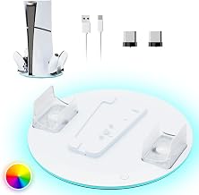 Vertical Stand for PS5/PS5 Slim Consoles with Dual Controller Charger Station, 7 RGB Light, White