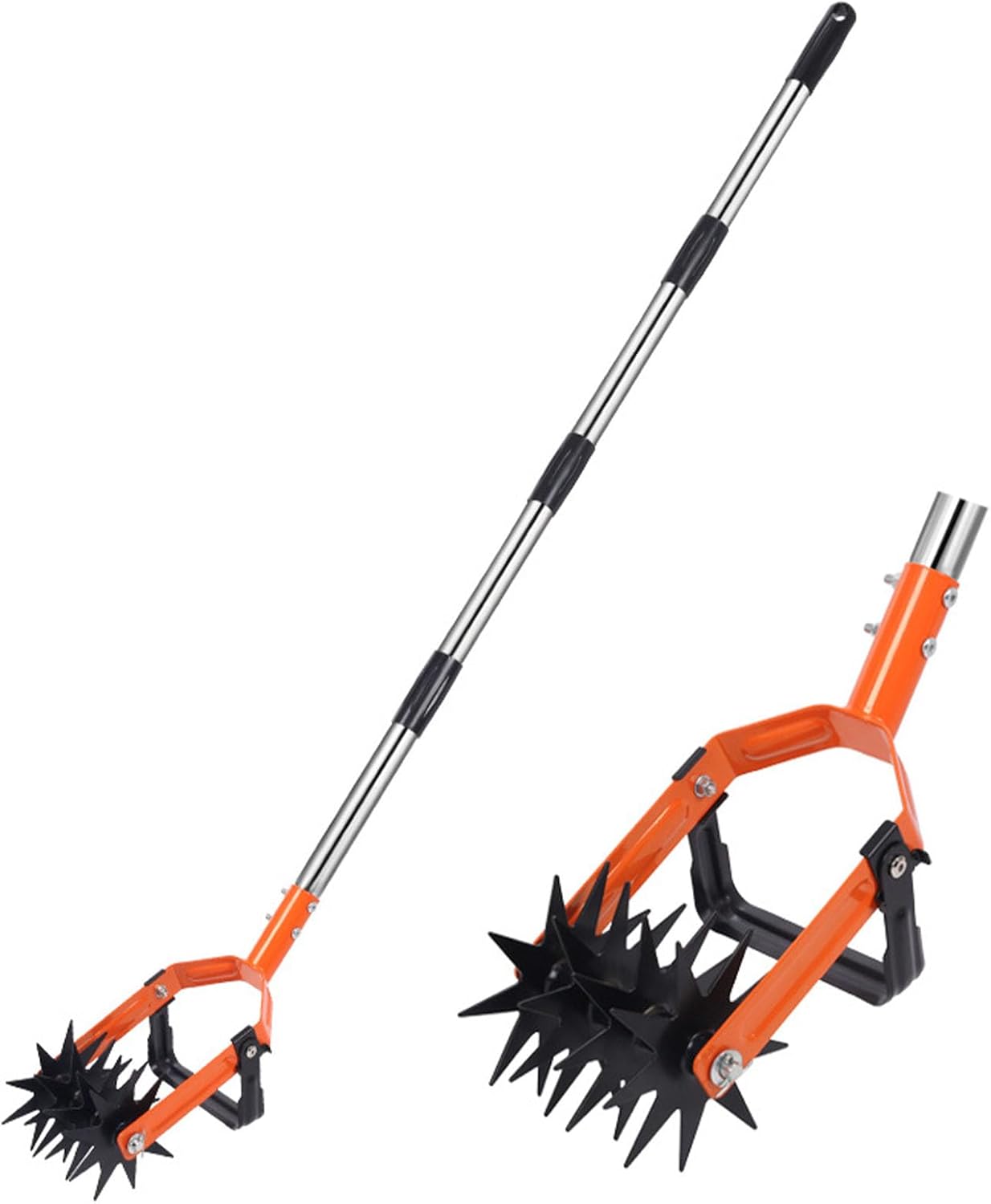 Kottwca Rotary Cultivator Garden Tool, 2-in-1 Garden Weeder, Adjustable Hand Tiller for Gardening W/Stainless Steel Pole, Extended tooth, Cultivator Tool for Reseeding Grass, Loosing and Soil Mixing