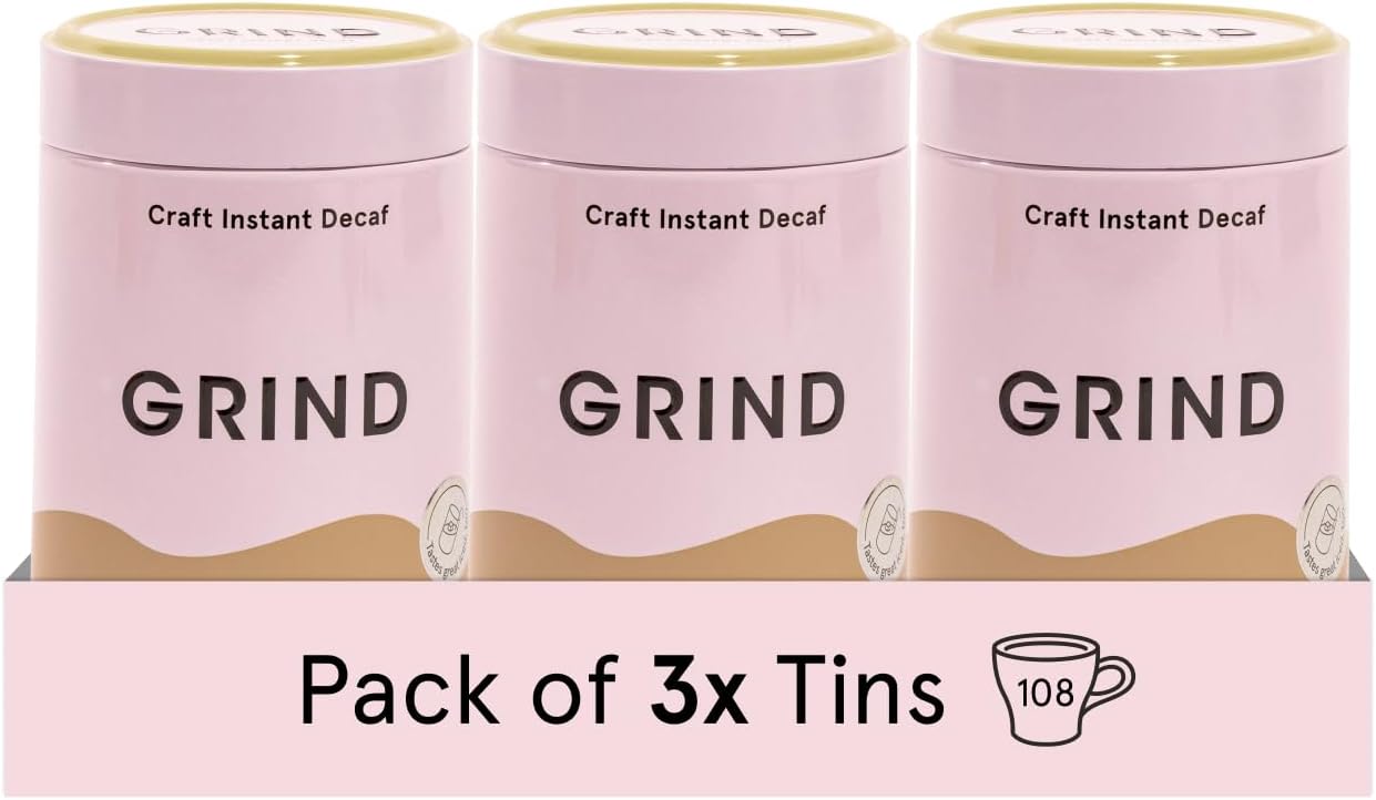 Grind Decaf Instant Coffee – Pack of 3 – 100% Arabica – Specialty Grade – Medium Roast – Sustainably Sourced – 108 Cups