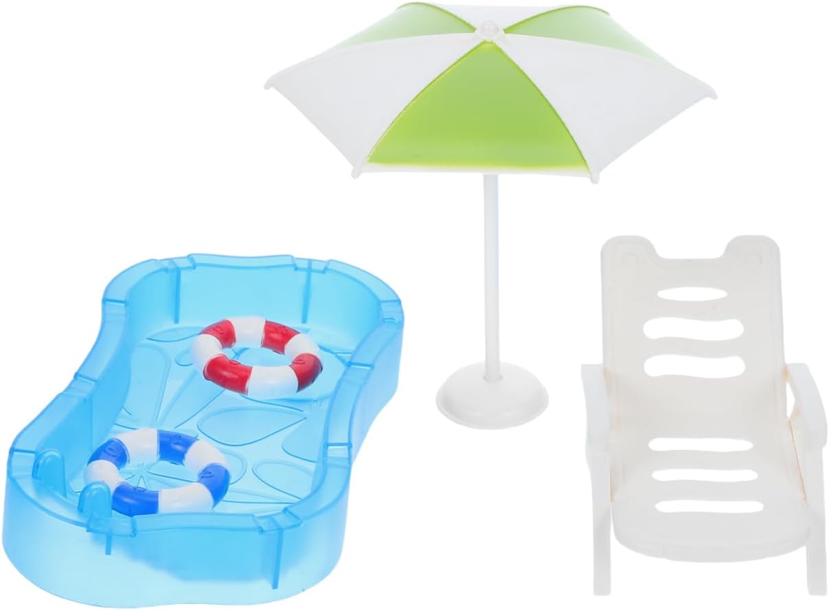 ifundom 1Set Miniature Dollhouse Swimming Pool Beach Decoration with Umbrella and Chairs for DIY Fairy Garden and Playhouse Scene Display