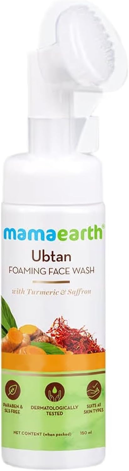 Mamaearth Ubtan Foaming Face Wash with Brush | Removes Tan with Turmeric & Saffron | Repairs Sun Damage & Restores Natural Glow | Gently Exfoliates Dead Skin Cells | 150ml