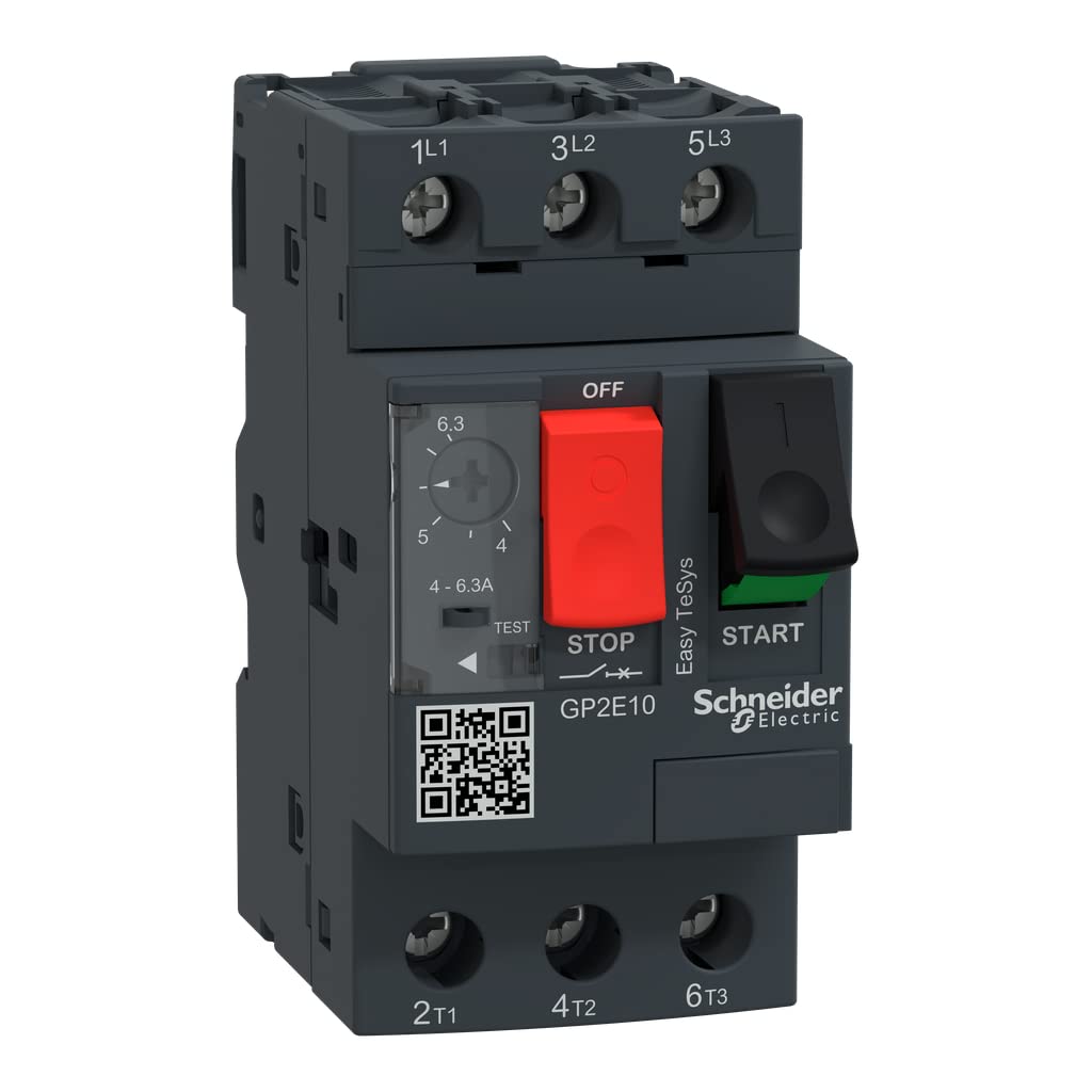 Schneider Electric GP2E10 Easy TeSys 3 Phase Manual Thermal Magnetic Motor Starter, 3 Pole, Screw Clamp Terminals, Push Button, 4-6.3 Amps