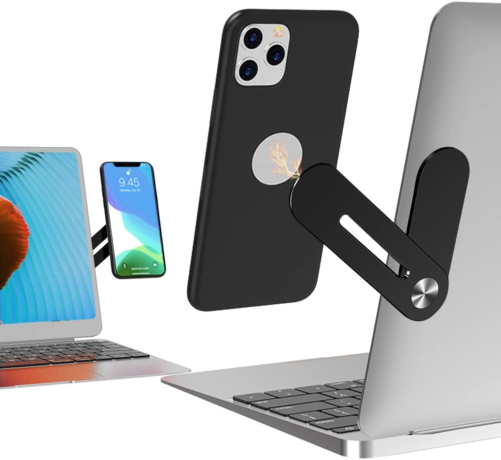 DK177 Laptop Phone Holder, Laptop or Desktop Monitor Side Mount Phone Holder, Slim Portable Foldable Smartphone Stand, Computer Monitor Expansion Bracket, Compatible with Any Phone, Black