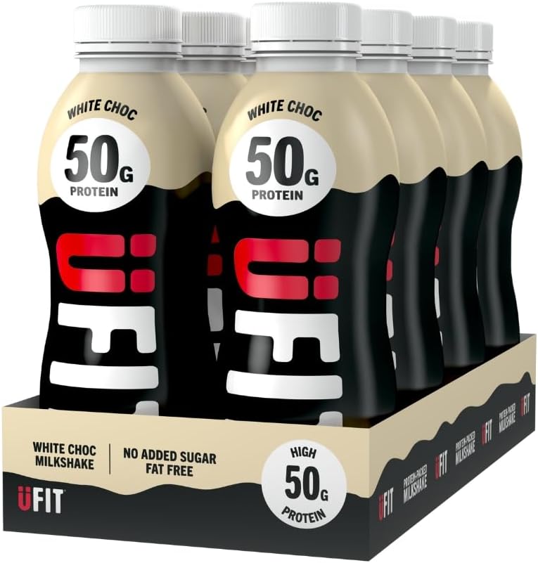 UFIT High 50g Protein Shake (8 x 500 ml) - White Chocolate Flavour - No Added Sugar - High in Protein - Low in Fat - Gut Friendly - Ready to Drink - Packaging May Vary
