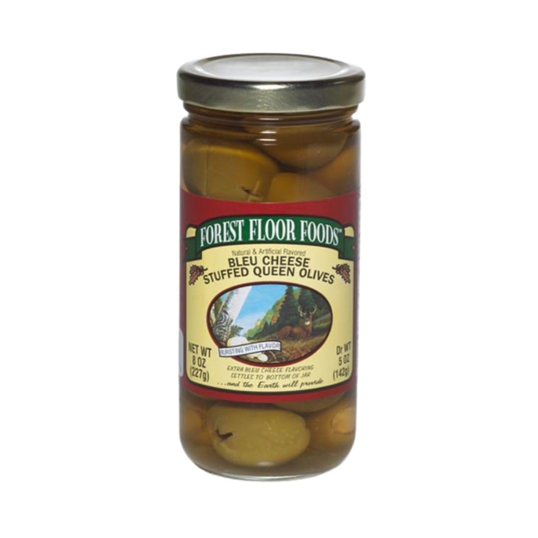 Forest Floor Foods Blue Cheese Stuffed Queen Olive, Stuffed Green Olives w/ Premium Ingredients and Brine, Decadent Bleu Cheese Flavor, 8 oz (1 Pack)