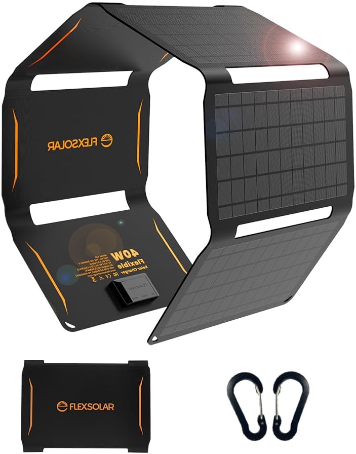FlexSolar 40W Foldable Solar Charger, USB C Portable Solar Panel, PD2.0 QC3.0 DC Ports, IP67 Waterproof ETFE Power Emergency for Camping Hiking, Compatible with Smartphone Tablet Headphone Laptop