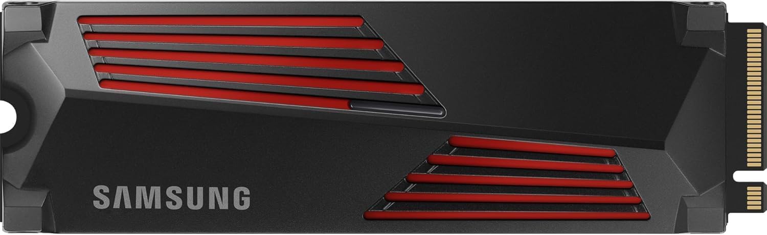 Samsung 990 PRO Heatsink NVMe M.2 SSD with heat sink, 1 TB, PCIe 4.0, 7,450 MB/s read, 6,900 MB/s write, Internal SSD with RGB for PC/console gaming and video editing, MZ-V9P1T0CW