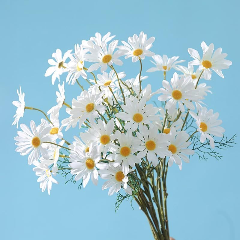 15 Bundles Artificial Flowers 20” White Artificial Daisy Flowers with Stems UV Resistant Outdoor Fake Wildflowers Faux Greenery Shrubs Plants Arrangements for Wedding Decoration Home Garden Vase Decor
