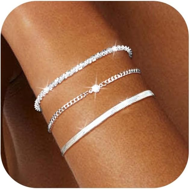 MUCCA 3Pcs Silver Bracelet for Women Elegant Layered Bracelets for Womens Stackable Gold Plated Bangle Adjustable Chain Link Wrist Jewelry Gift for Her Anniversary Birthday Party