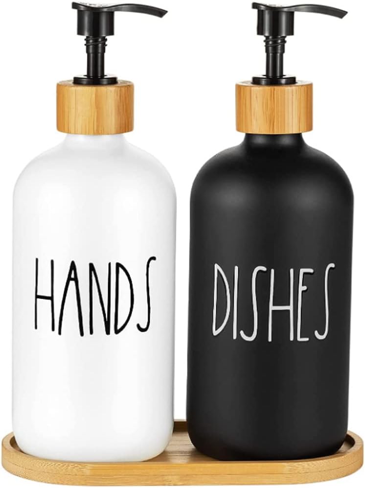 Hniuyun Glass Soap Dispenser Set 16oz, Black & White
