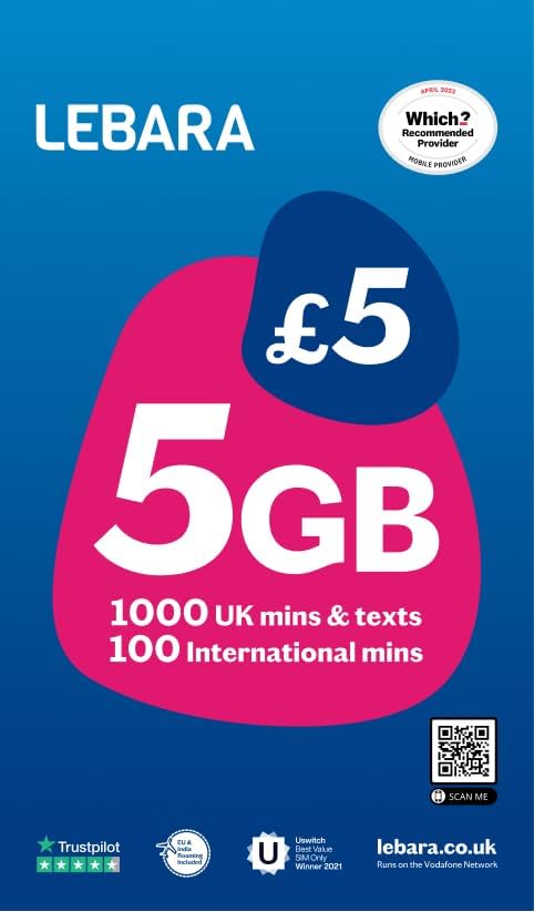 Lebara SIM Card, 5GB for £5, Half Price for First 3 Months, No Contract, Pay when you Activate SIM, Multi-size, Fits All Devices