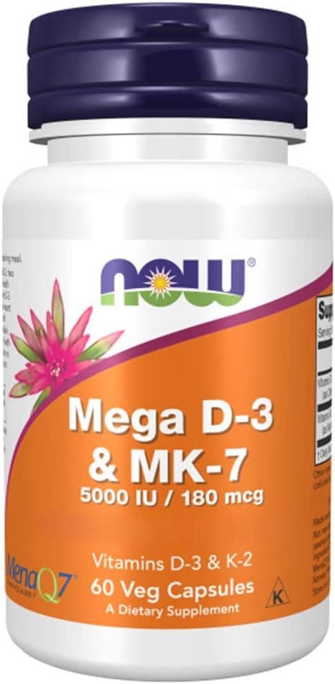 Now Foods, Mega D-3 & MK-7, Vitamin D3 and K2, Depot, Every 5 Days 1 Capsule, High Dose, 60 Capsules, Gluten Free, Non GMO