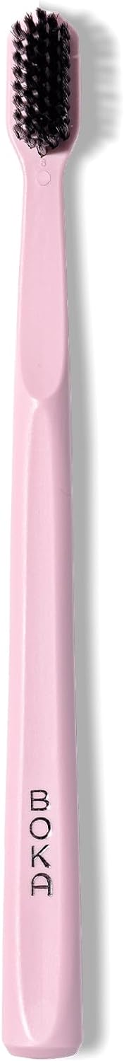Boka Classic Denture Brushes with Activated-Charcoal, Extra Soft Dental Toothbrush with Bioplastic Handle and Cap, Dentist-Approved for Adults and Kids (Pack of 1, Pink)