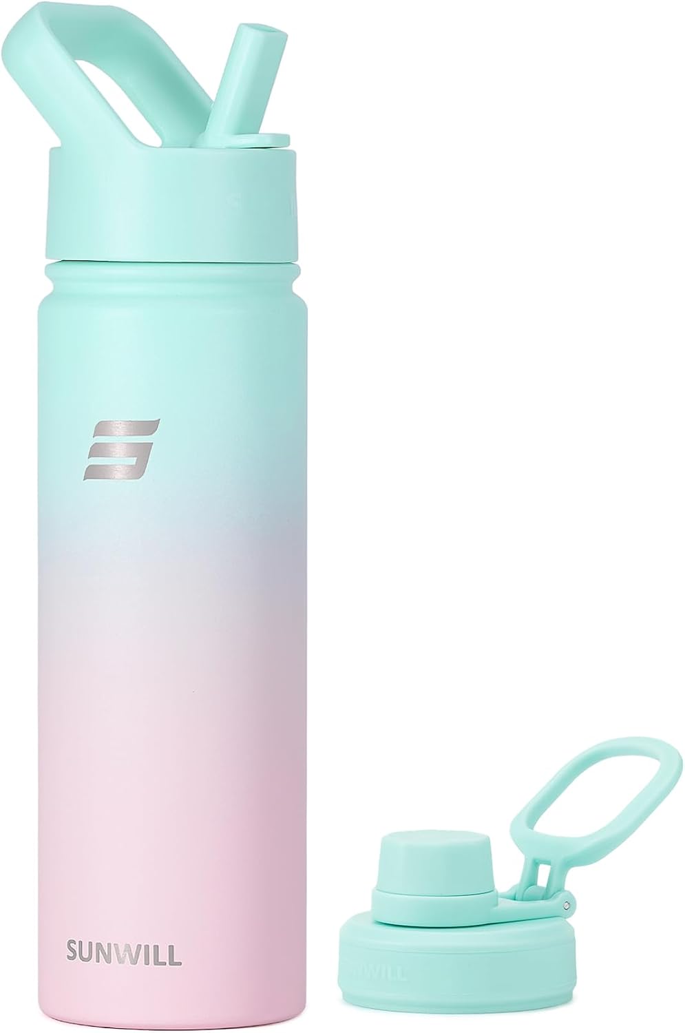 SUNWILL Stainless Steel Water Bottle with Straw, 650ml Insulated Water Bottle Metal, Leakproof Water Flask for Gym & Travel, Gradiant Mint Sakura
