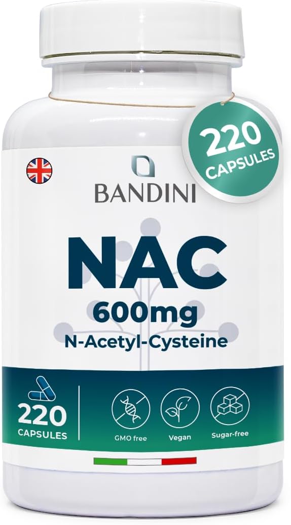 Bandini® NAC N-Acetyl-Cysteine 600 mg | 220 Vegan Capsules (+7 Months) | Glutathione Precursor | 1 Capsule per Day | High Bioavailability of N Acetylcysteine Supplement | N-Acetyl Cysteine 600mg