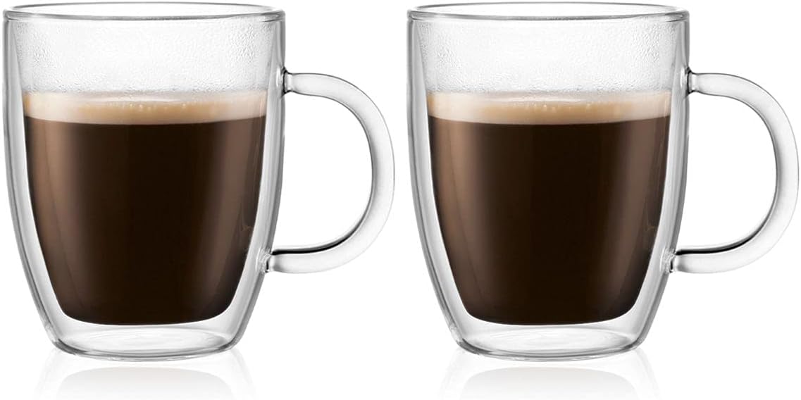 BODUM Glass Bistro Mug, Double Wall, 0.3 l, 10 oz, 2 pcs, 2 Count (Pack of 1)
