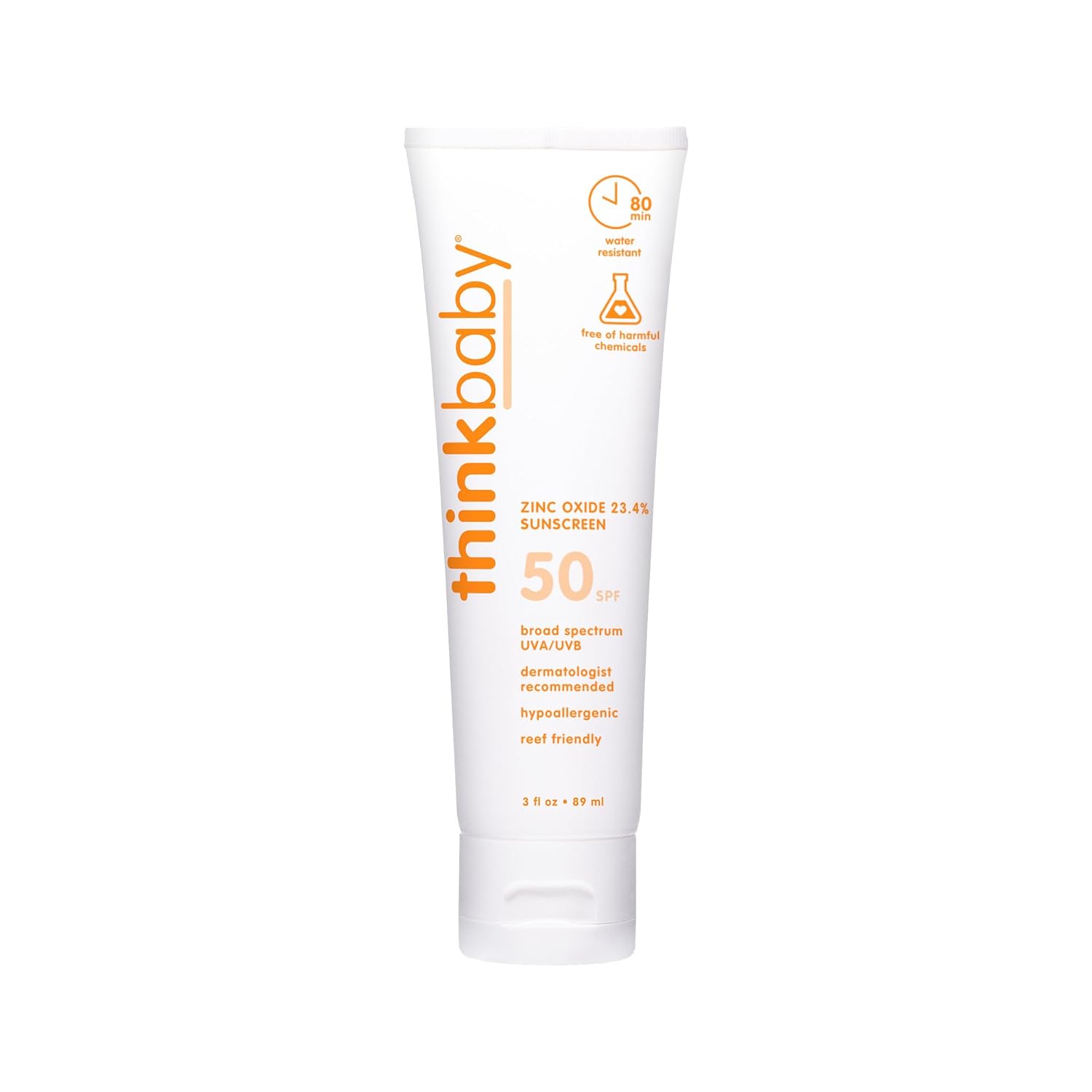 Thinkbaby SPF 50+ Baby Mineral Sunscreen – Safe, Natural Sunblock for Babies - Water Resistant Sun Cream – Broad Spectrum UVA/UVB Sun Protection – Vegan Baby Sunscreen Lotion, 3 Oz.