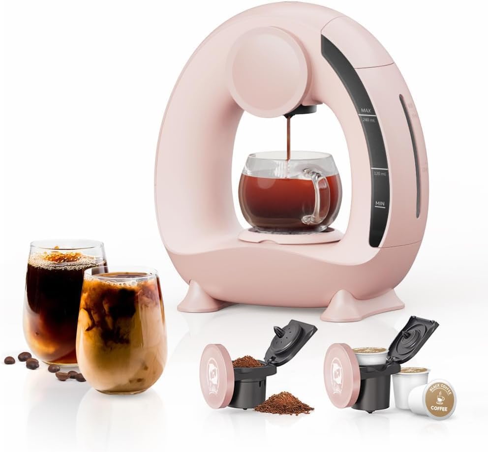 BENFUCHEN Single Serve Coffee Maker For KCup/Ground Coffee, MINI Q Americano 2 in 1 Coffee Brewer Mini One Cup Coffee/Tea Brewer With Coffee Filter/KCUP-Adapter, 4-8 oz Brew Sizes, Pink