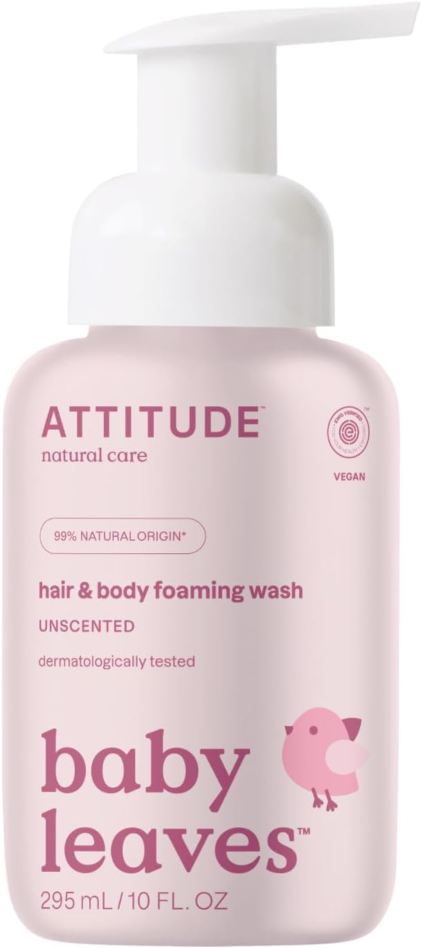 ATTITUDE 2-in-1 Hair and Body Foaming Baby Wash, EWG Verified Shampoo Soap, Dermatologically Tested, Made with Naturally Derived Ingredients, Vegan, Unscented, 295 mL