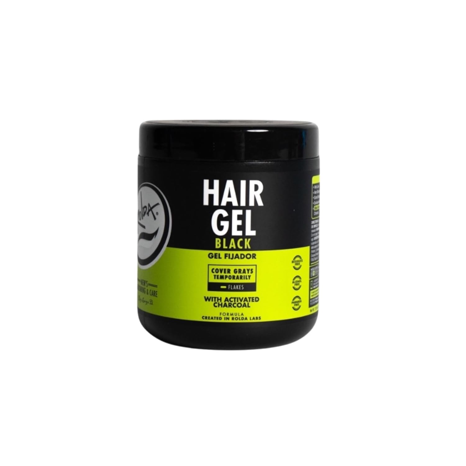 Rolda Black Hair Gel for Men - Medium Hold Styling Gel with Activated Charcoal for Wet Look - Covers Grays & Enhances Black Hair - Flake + Alcohol Free (17.6 oz)