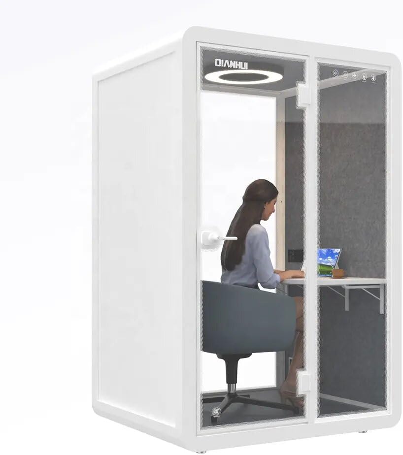 2 Seater Solo Office Sound Booth Pod Audio Privacy, Mobile Roller with Desk, LED Light, Fans and AC USB Ports Movable Silence soundproof Booth (47.2 x 39.3 x 92.5 Inch, White)