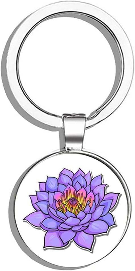 Purple Lotus Beautiful Metal Round Metal Key Chain Keychain Ring