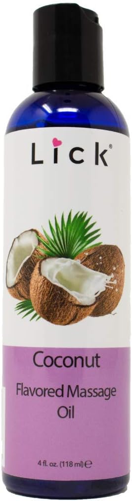 Lick Coconut Flavored Massage Oil – Romantic, Body Safe, Non-Greasy Formula, Date Night 4 oz