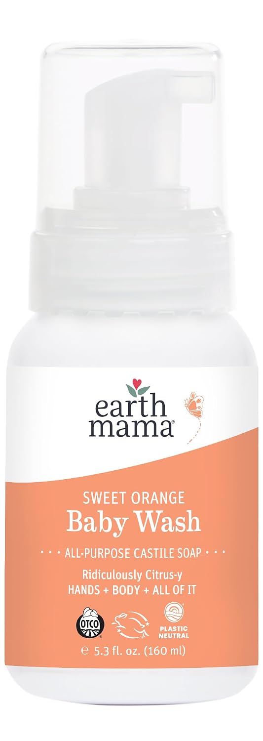 Earth Mama Sweet Orange Baby Liquid Wash Foaming Hand Soap, Organic All Purpose Body Wash for Sensitive Skin, Castile Soap with Coconut Oil, Shea Butter, Calendula, & Aloe, 5.3 fl oz