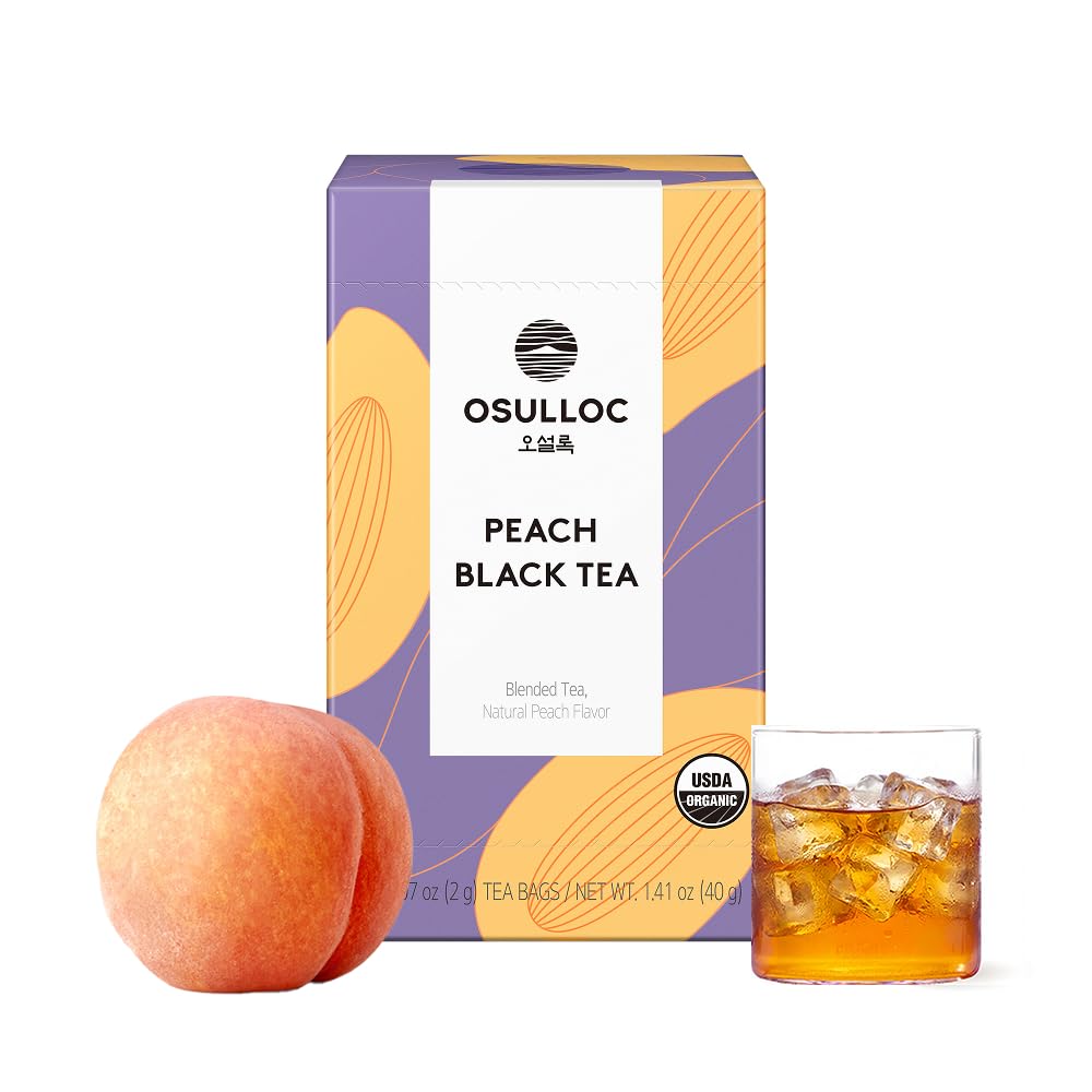 OSULLOC Peach Black Tea (Peach Flavor), Iced tea bags, Fruit tea Blend, Premium Teabags from Jeju Island, 20 count