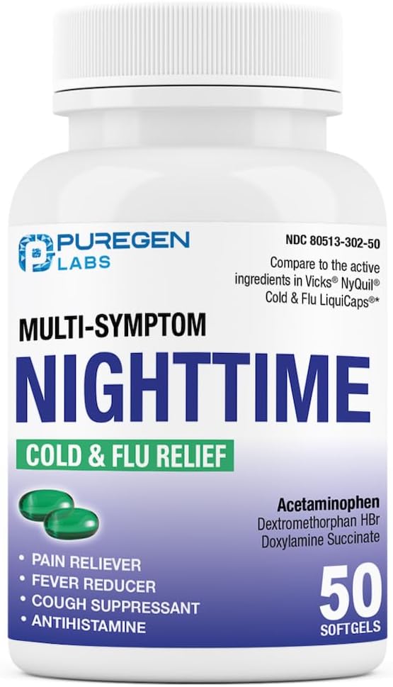 Puregen Labs Nighttime Cold and Flu Relief Medicine | 50 Softgel Liquid Capsules | Helps Relieve Sore Throat, Cough, Fever, Headaches, Runny Nose, Congestion and Aches | Value Pack