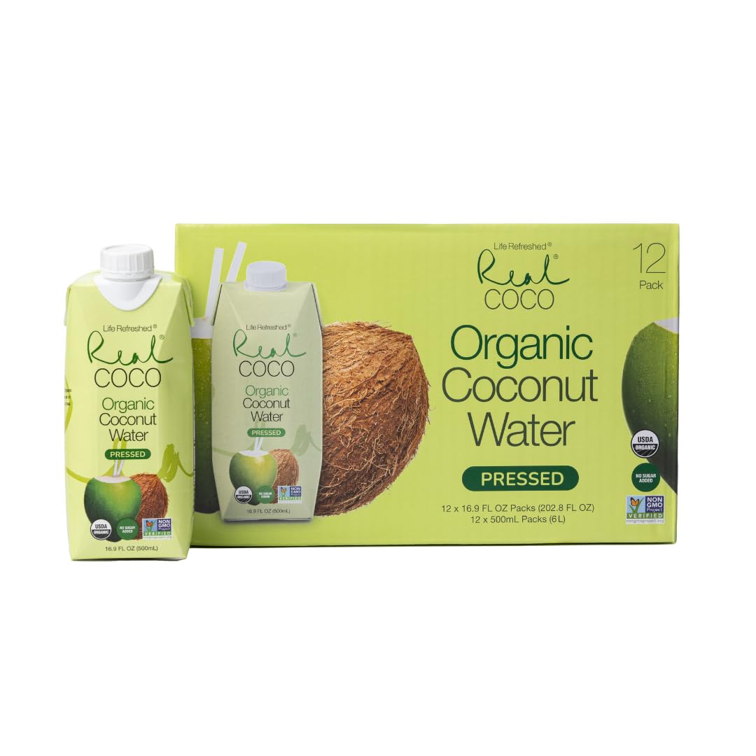 Real Coco Organic Pressed Coconut Water (12-Pack 500mL), USDA Organic, No Sugar Added, Essential Electrolytes, Plant Based, NON GMO, Dairy & Soy Free