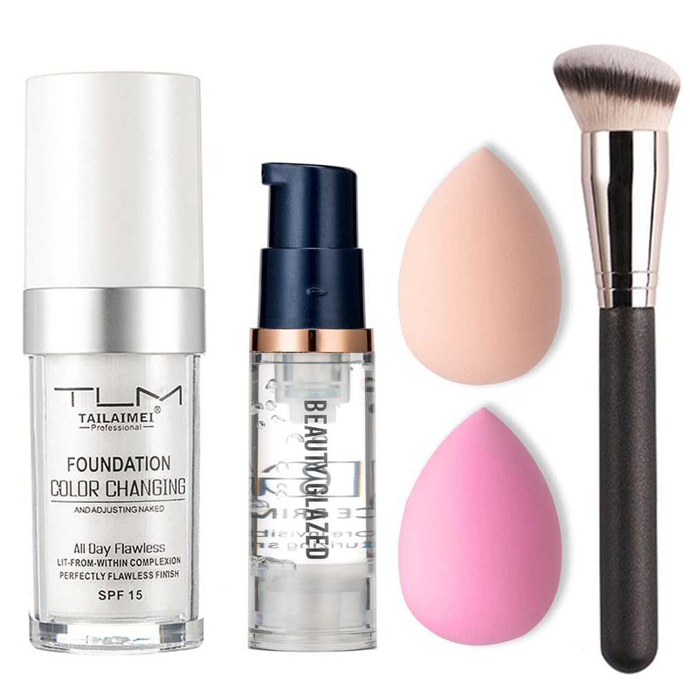 5PCS TLM Colour Changing Foundation Makeup Set Matte Liquid Full Coverage Oil Control Breathable Invisible Cover Concealer Foundation with Face Primer, Foundation Brush, Makeup Sponge