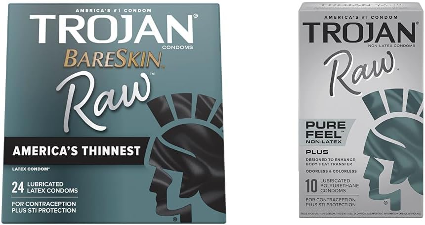 TROJAN BareSkin Raw Thin Condoms 24 Count with Trojan Raw Non-Latex Lubricated Pure Feel Condoms 10ct