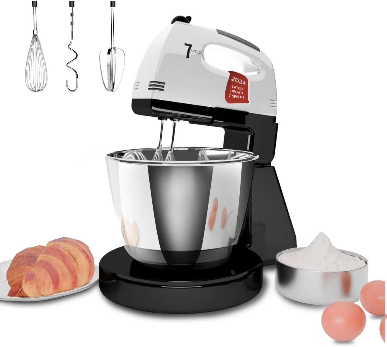 Stand Mixers, 7 Speeds With 3QT Stainless Steel Bowl, Stand and Hand Mixer with Dough Hook, Whisk, Mixing Beater for Baking, Cake, Cookie, Kneading (OJ1)