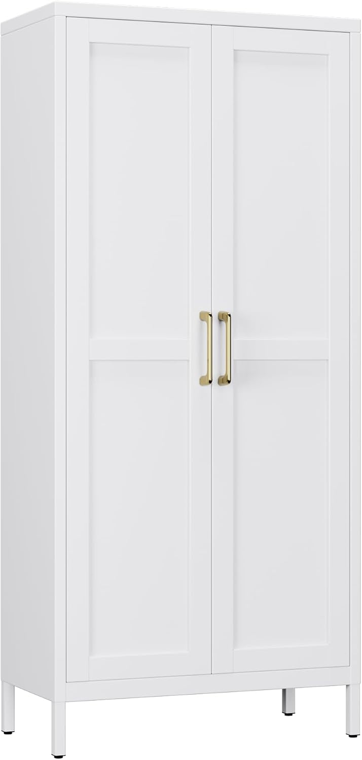 Aobabo Metal Office Shaker Storage Cabinet with 3 Adjustable Shelves Home Pantry White Heavy-Duty Storage Cabinet,4-Tier Tall Steel Cabinets for Living Room,Assembly Required