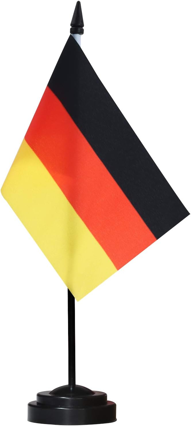Anley Germany Deluxe Desk Flag Set - 6 x 4 Inch Miniature German Desktop Flag with 12" Solid Pole - Vivid Color and Fade Resistant - Black Base and Spear Top