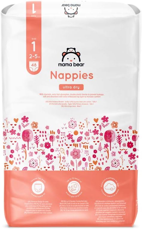 Amazon Brand - Mama Bear Ultra Dry Nappies, Size 1 (2-5 kg), 48 Count, White