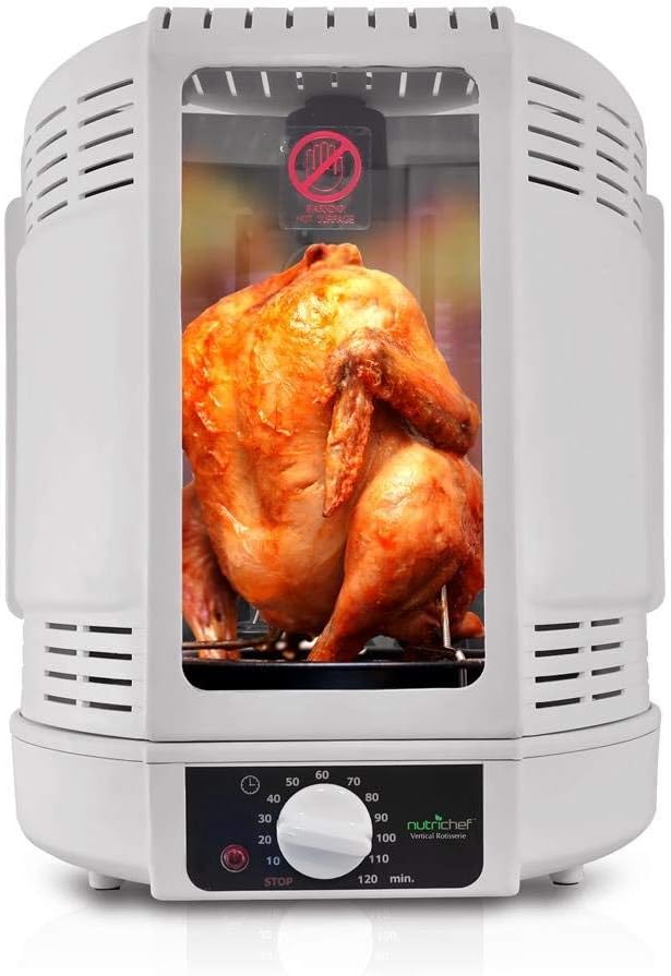 NutriChef Vertical Rotisserie Oven Roaster - Rotating Shawarma/Kebab Machine with Skewer and Rack, Basket Tower, Roasting Rack, Poultry Tower, Drip Tray - For Meat Chicken Turkey Lamb - PKRT15 White