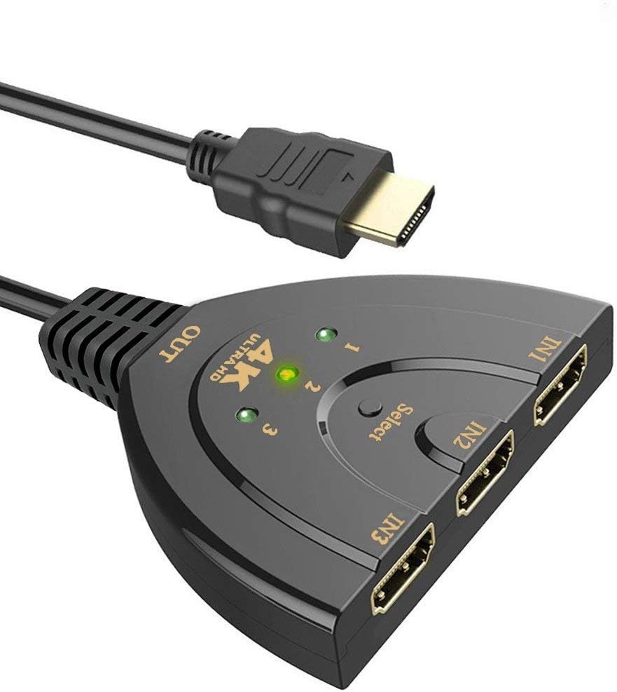 HDMI Switch, 3 Port 4K HDMI Switcher 3x1 Switch HDMI Splitter Pigtail Cable Supports Full HD 4K 1080P 3D Player