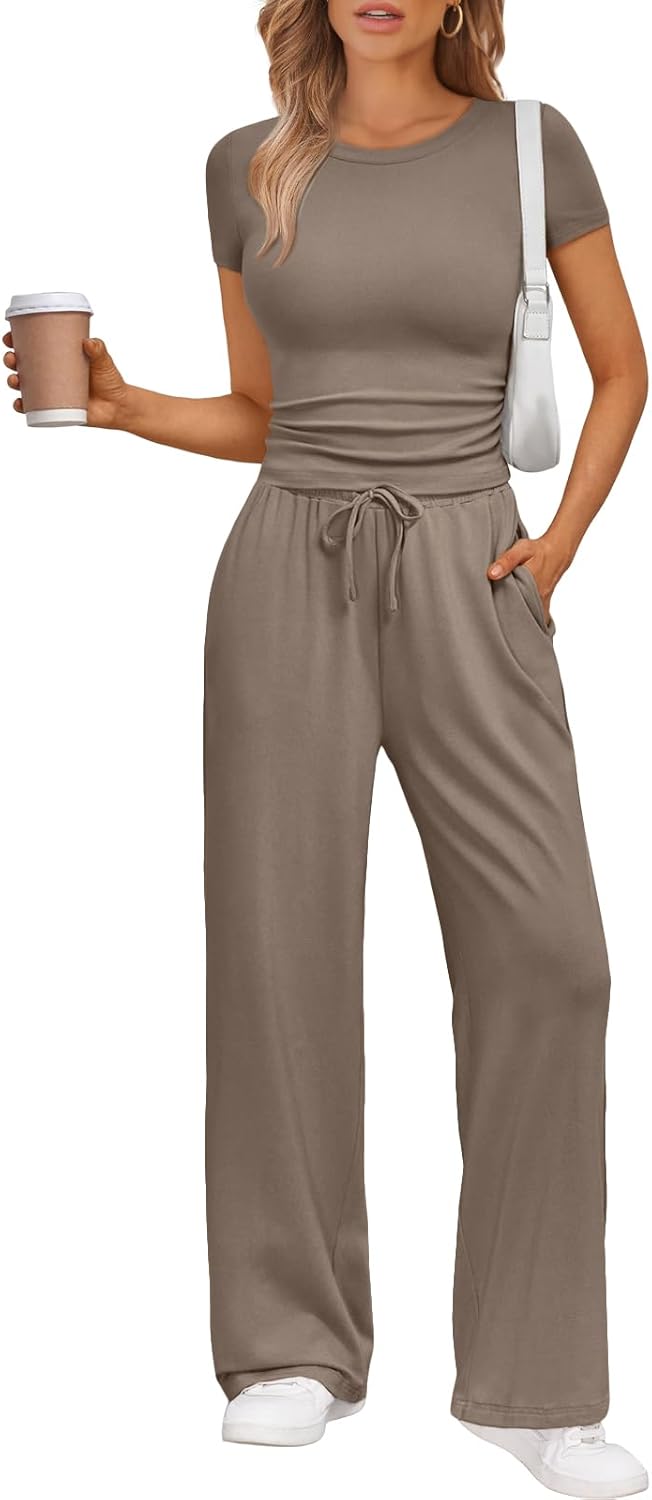 Trendy Queen 2 Piece Matching Summer Sweatsuit Lounge Set Womens Wide Leg Pants Side Ruching Crop Top Sets