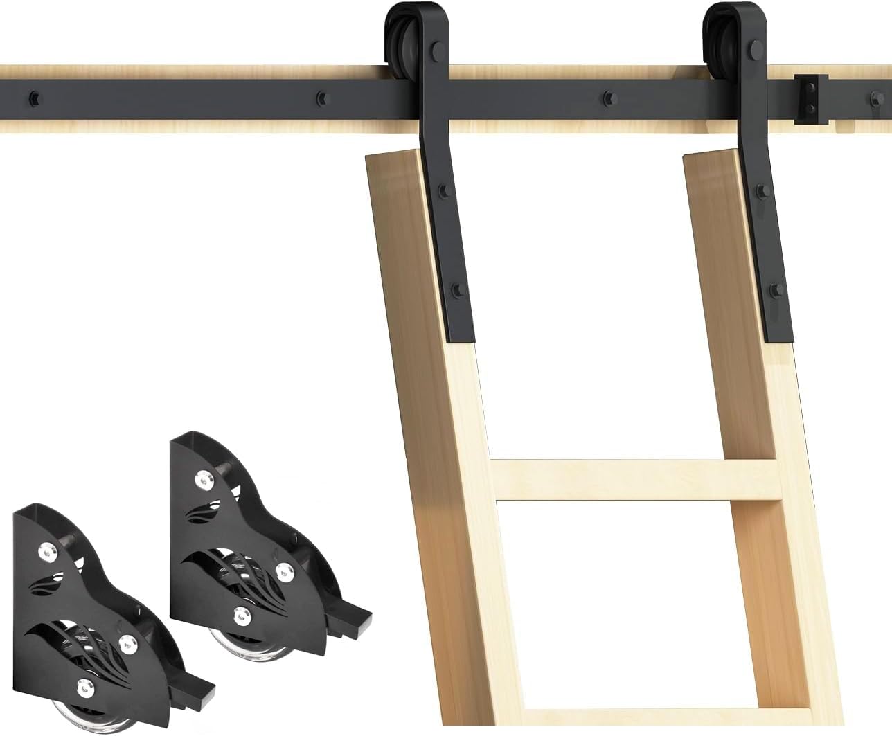 DIYHD 8FT Home Office Sliding Library Ladder Hardware, Rustic Black Barn Style Rolling Stepladder Track Kit,Bottom Wheel with Brake,MAX Load 300lbs,(No Ladder)