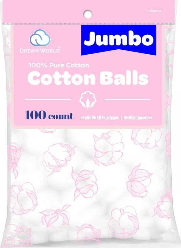 Dream World Jumbo 100% Pure Cotton Balls White 100 Count