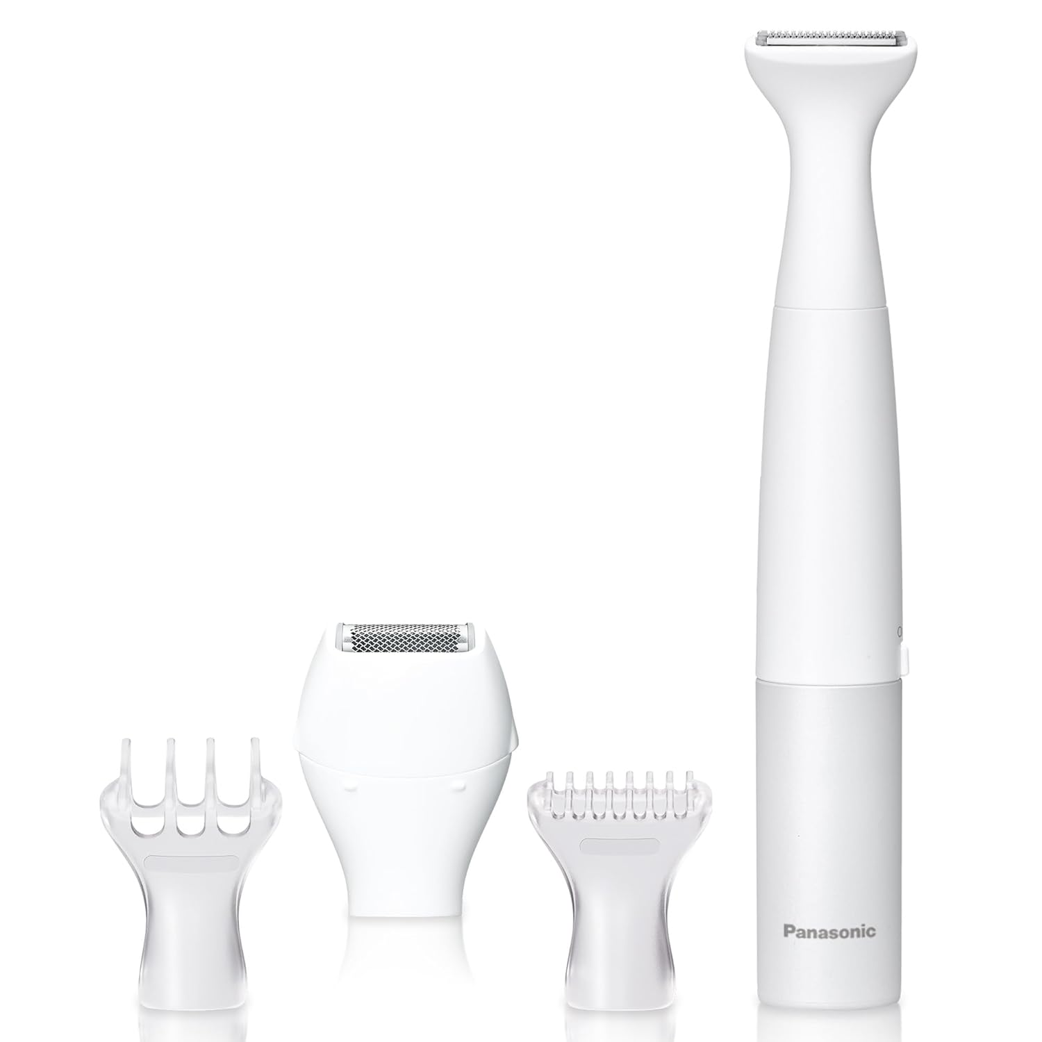 Panasonic Bikini Trimmer and Shaver for Women with 4 Attachments for Fast Easy Gentle Grooming in Intimate Areas, Use Wet/Dry, Electric Razor, Battery-Operated – ES-WV62-H (White/Silver)